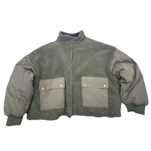 American Eagle Sherpa Bomber Puffer Womens XL Coat Reversible Olive Green Plaid